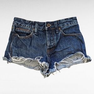 Free People Button Fly Distressed Blue Denim Cut Off Short Shorts Size W 24